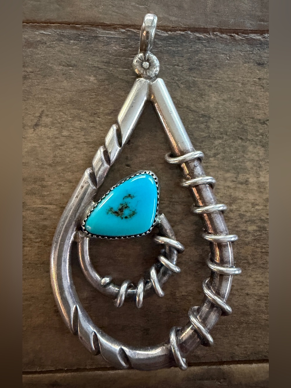 Vintage Native Navajo Handmade Sterling Silver Turquoise Teardrop Pendant